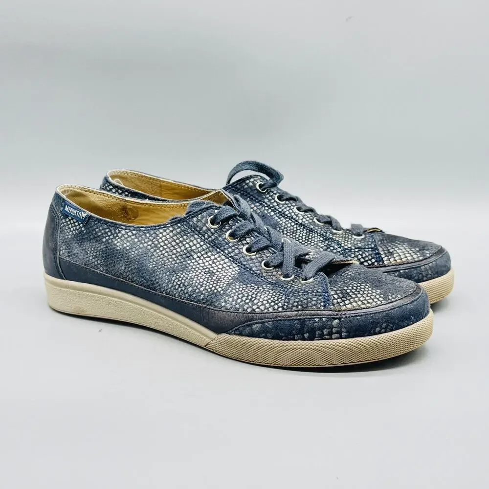 Mephisto Shoes Womens 7 Blue Leather Runoff Snake Print Low Top Lace Up Sneakers - Picture 2 of 11